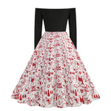 1950s Black Off-Shoulder Santa Print Long Sleeve Vintage Dress