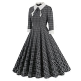1950S Black Plaid Peter Pan Collar Belted 3/4 Sleeve Vintage Dress