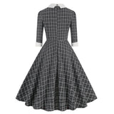 1950S Black Plaid Peter Pan Collar Belted 3/4 Sleeve Vintage Dress