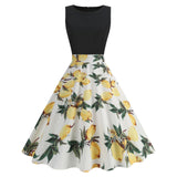 1950S Black Sleeveless Retro Sunflower Print Vintage Dress