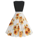 1950S Black Sleeveless Retro Sunflower Print Vintage Dress