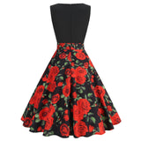 1950S Black Sleeveless Retro Sunflower Print Vintage Dress