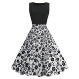 1950S Black Sleeveless Retro Sunflower Print Vintage Dress
