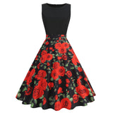 1950S Black Sleeveless Retro Sunflower Print Vintage Dress