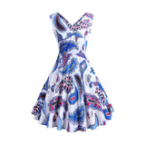 1950S Blue and Pink Paisley Print V-Neck Sleeveless Vintage Dress