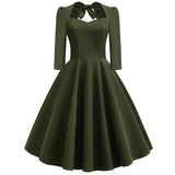 1950S Burgundy Bow Tie Neck 3/4 Sleeve Vintage Swing Dress