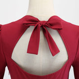 1950S Burgundy Bow Tie Neck 3/4 Sleeve Vintage Swing Dress