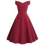 1950S Burgundy Off-Shoulder Retro Pleated Vintage Dress