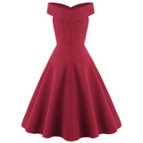 1950S Burgundy Off-Shoulder Retro Pleated Vintage Dress