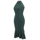 1950S Dark Green Halter Neck Ruffle Hem Sleeveless Vintage Dress
