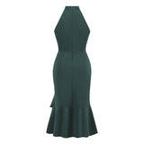 1950S Dark Green Halter Neck Ruffle Hem Sleeveless Vintage Dress