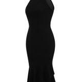 1950S Dark Green Halter Neck Ruffle Hem Sleeveless Vintage Dress
