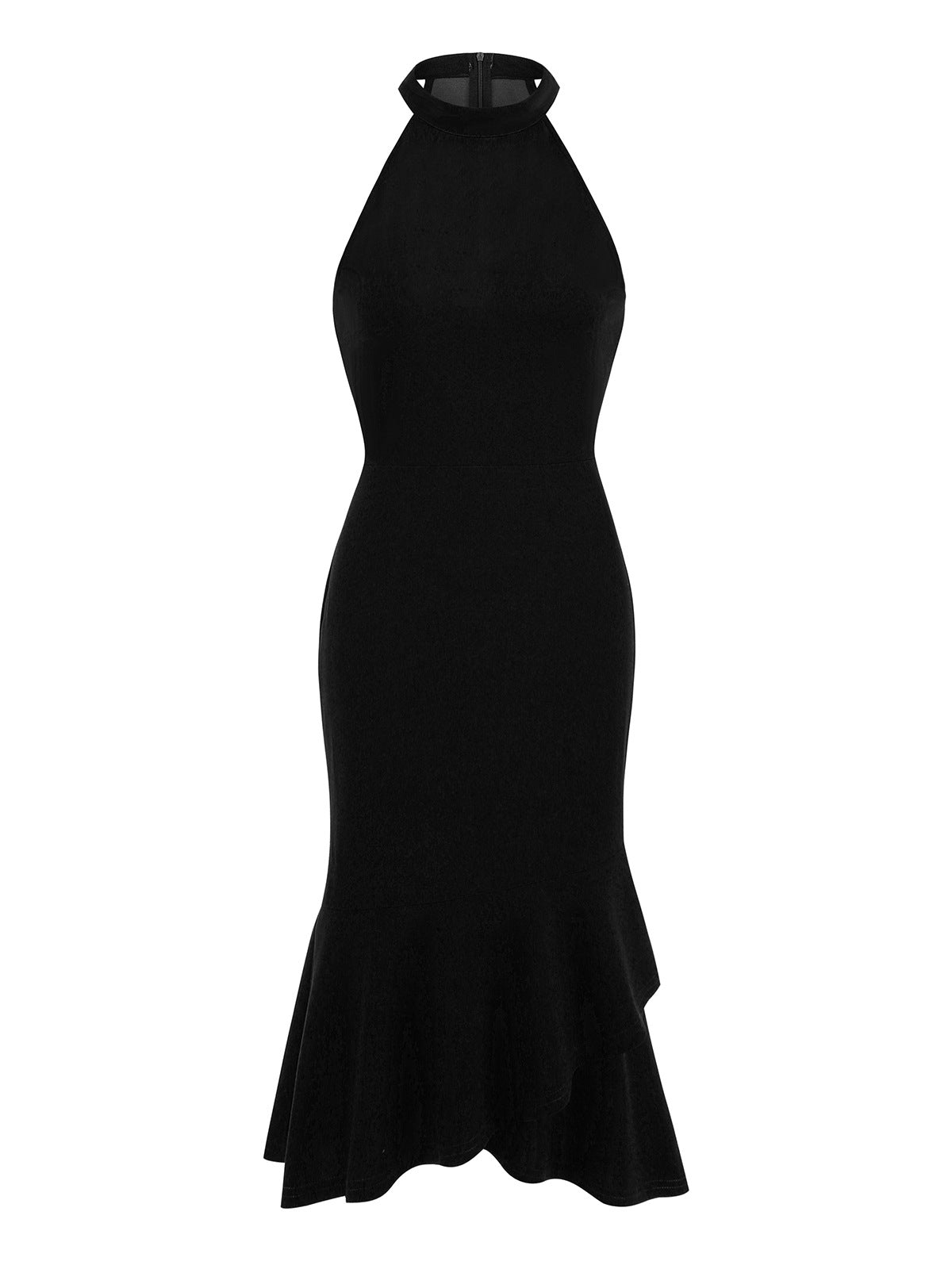 1950S Dark Green Halter Neck Ruffle Hem Sleeveless Vintage Dress