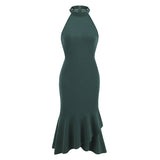 1950S Dark Green Halter Neck Ruffle Hem Sleeveless Vintage Dress