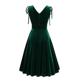 1950S Dark Green Velvet Retro Sleeveless Bow-Tie Shoulder Vintage Dress