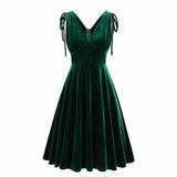 1950S Dark Green Velvet Retro Sleeveless Bow-Tie Shoulder Vintage Dress