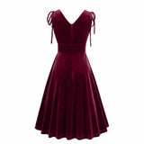 1950S Dark Green Velvet Retro Sleeveless Bow-Tie Shoulder Vintage Dress
