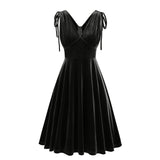 1950S Dark Green Velvet Retro Sleeveless Bow-Tie Shoulder Vintage Dress