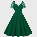 1950S Emerald Green Retro Lace Sleeve V-Neck Vintage Dress