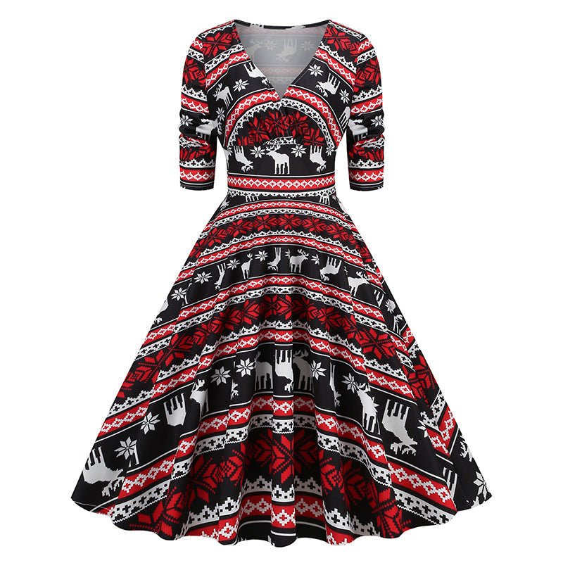 1950S Festive Red and Green Reindeer Print Belted Long Sleeve Vintage Dress