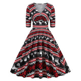 1950S Festive Red and Green Reindeer Print Belted Long Sleeve Vintage Dress