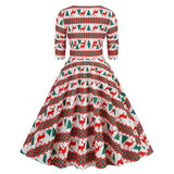 1950S Festive Red and Green Reindeer Print Belted Long Sleeve Vintage Dress