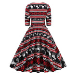 1950S Festive Red and Green Reindeer Print Belted Long Sleeve Vintage Dress