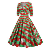 1950S Festive Red and Green Reindeer Print Belted Long Sleeve Vintage Dress