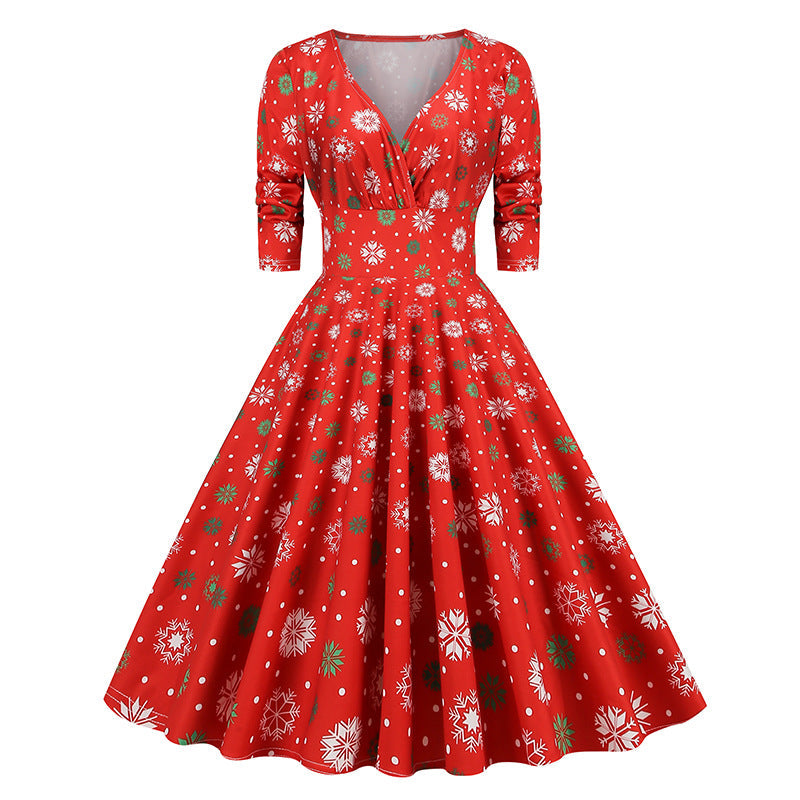 1950S Festive Red and Green Reindeer Print Belted Long Sleeve Vintage Dress