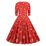 1950S Festive Red and Green Reindeer Print Belted Long Sleeve Vintage Dress