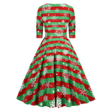1950S Festive Red and Green Reindeer Print Belted Long Sleeve Vintage Dress