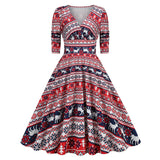 1950S Festive Red and Green Reindeer Print Belted Long Sleeve Vintage Dress