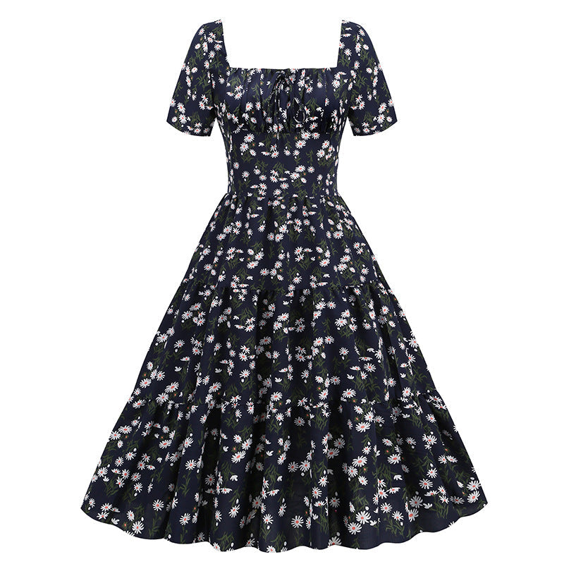 1950S Green Floral Print Square Neck Tiered Short Sleeve Vintage Dress