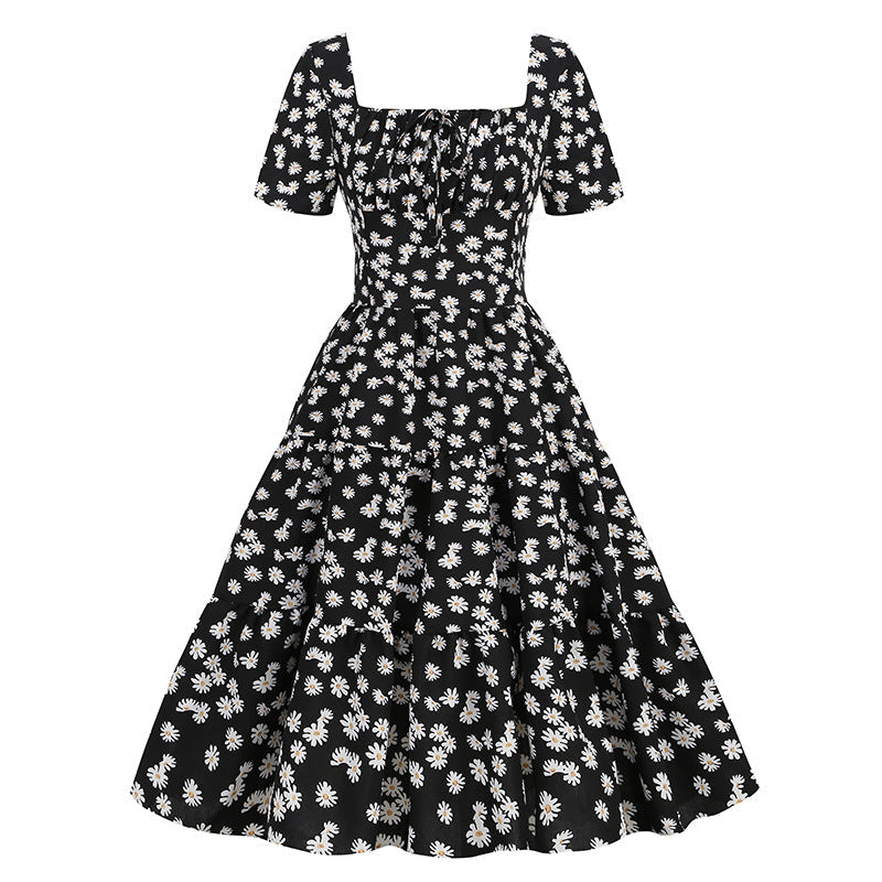 1950S Green Floral Print Square Neck Tiered Short Sleeve Vintage Dress