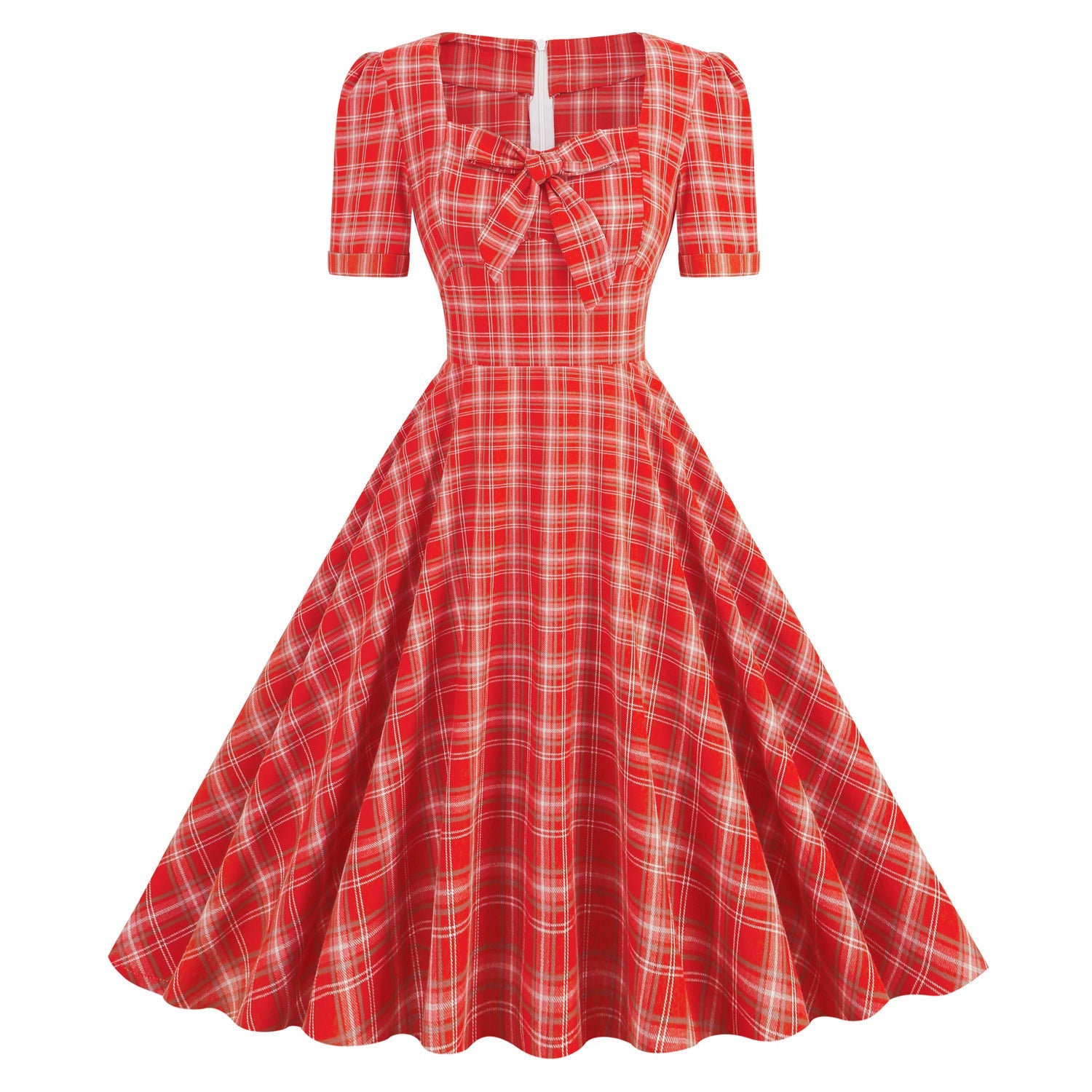 1950S Green Retro Plaid Bow Short Sleeve Vintage Dress