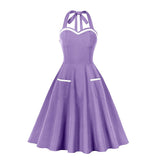 1950S Lavender and White Halter Neck Pocket Vintage Dress