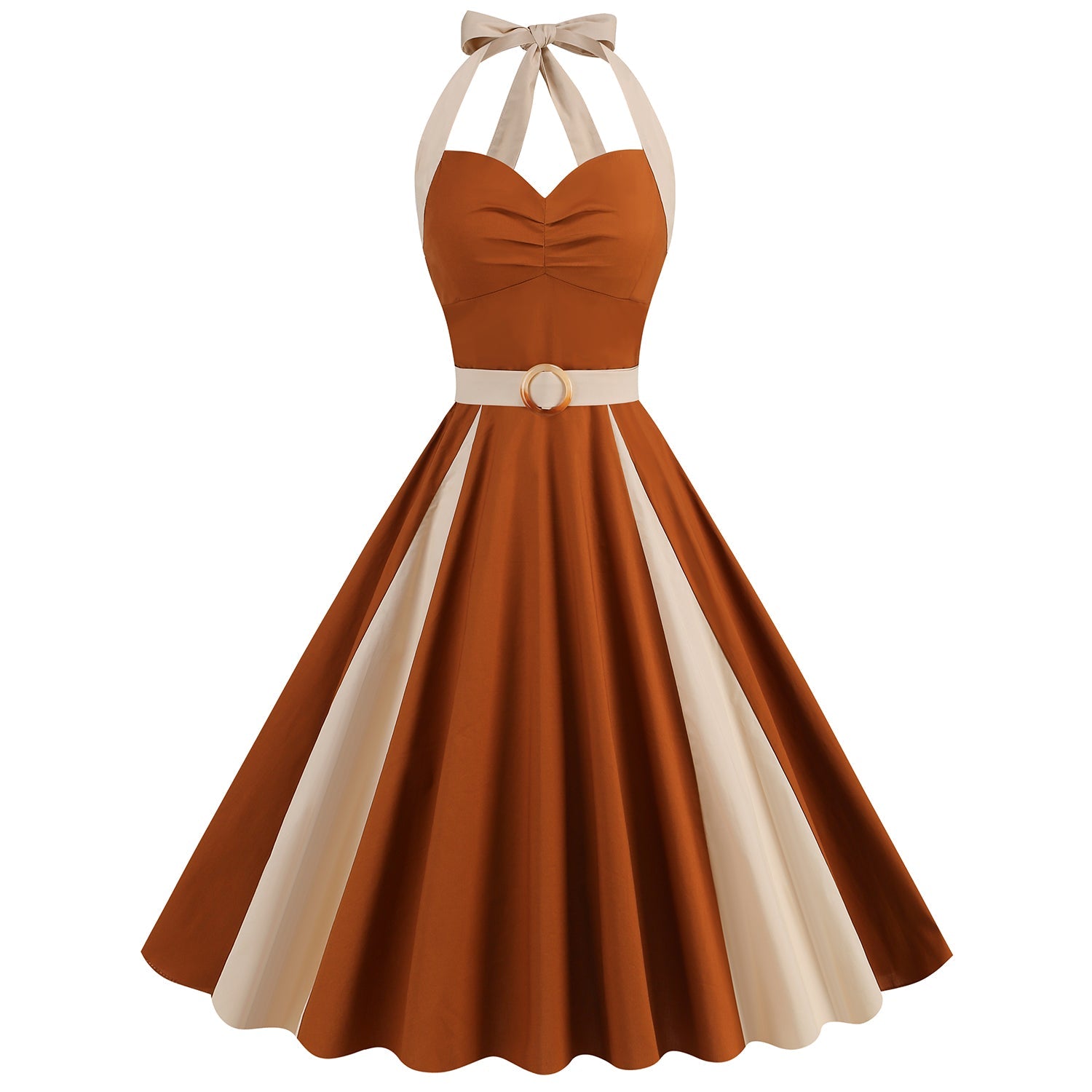 1950S Light Blue and Beige Retro Patchwork Belted Halter Vintage Dress