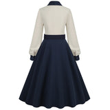 1950S Navy Blue and White Belted Long Sleeve Vintage Dress