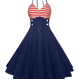 1950S Navy Blue Halter Striped Top Buttoned Vintage Dress