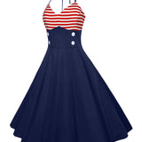 1950S Navy Blue Halter Striped Top Buttoned Vintage Dress