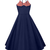 1950S Navy Blue Halter Striped Top Buttoned Vintage Dress