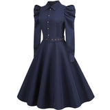 1950S Navy Blue Long Sleeve Belted Shirt Collar Vintage Dress