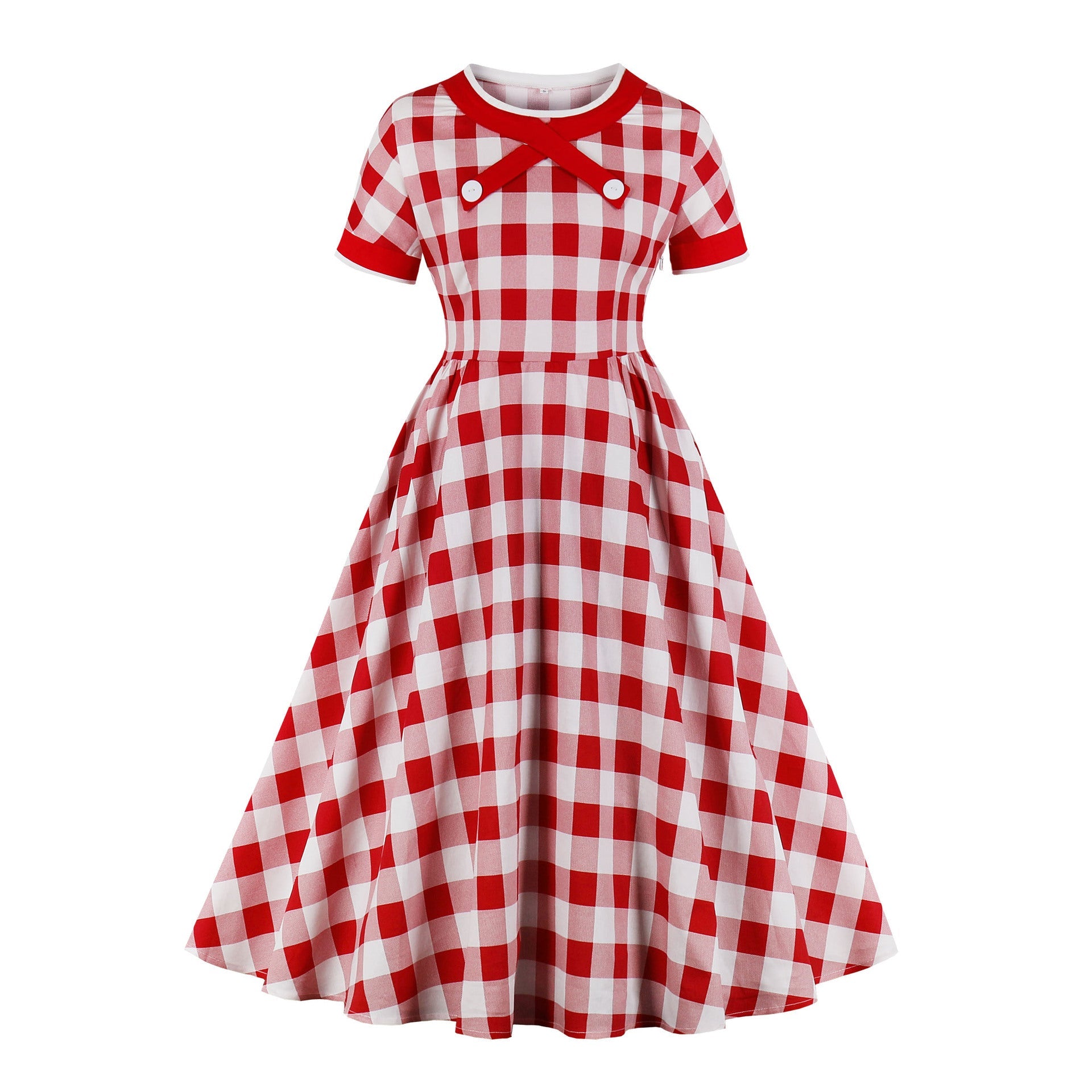 1950S Navy Blue Retro Plaid Patchwork Short Sleeve Vintage Dress