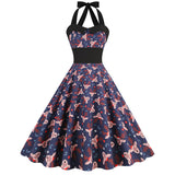 1950s Navy Blue Retro Santa Print Halter Neck Vintage Dress