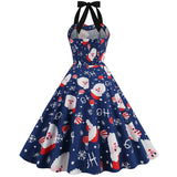 1950s Navy Blue Retro Santa Print Halter Neck Vintage Dress