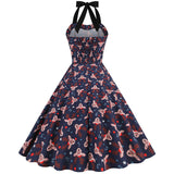 1950s Navy Blue Retro Santa Print Halter Neck Vintage Dress