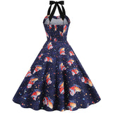 1950s Navy Blue Retro Santa Print Halter Neck Vintage Dress