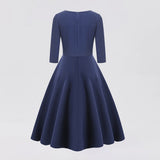 1950s Navy Blue Retro Three-Quarter Sleeve Sweetheart Neckline Vintage Dress