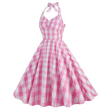 1950S Pink and White Gingham Halter Neck Vintage Swing Dress