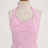 1950S Pink and White Gingham Halter Neck Vintage Swing Dress